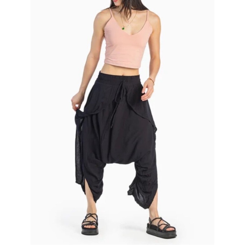 Buddha flap front Harem Pants drawstring elastic waist one size black